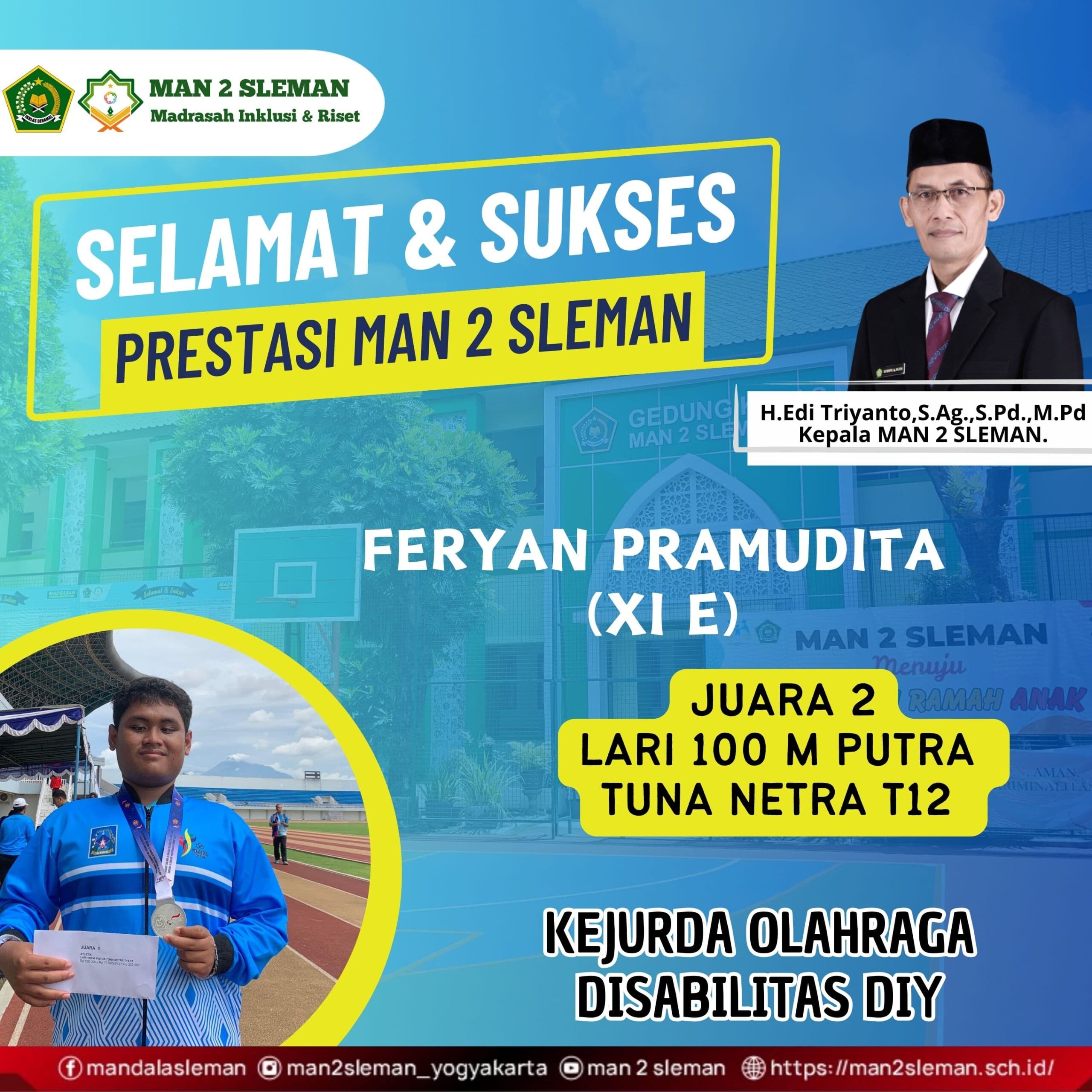 Juara 2 Lari100 m Putra Tuna Netra T2 Kejurda Olahraga Disabilitas DIY